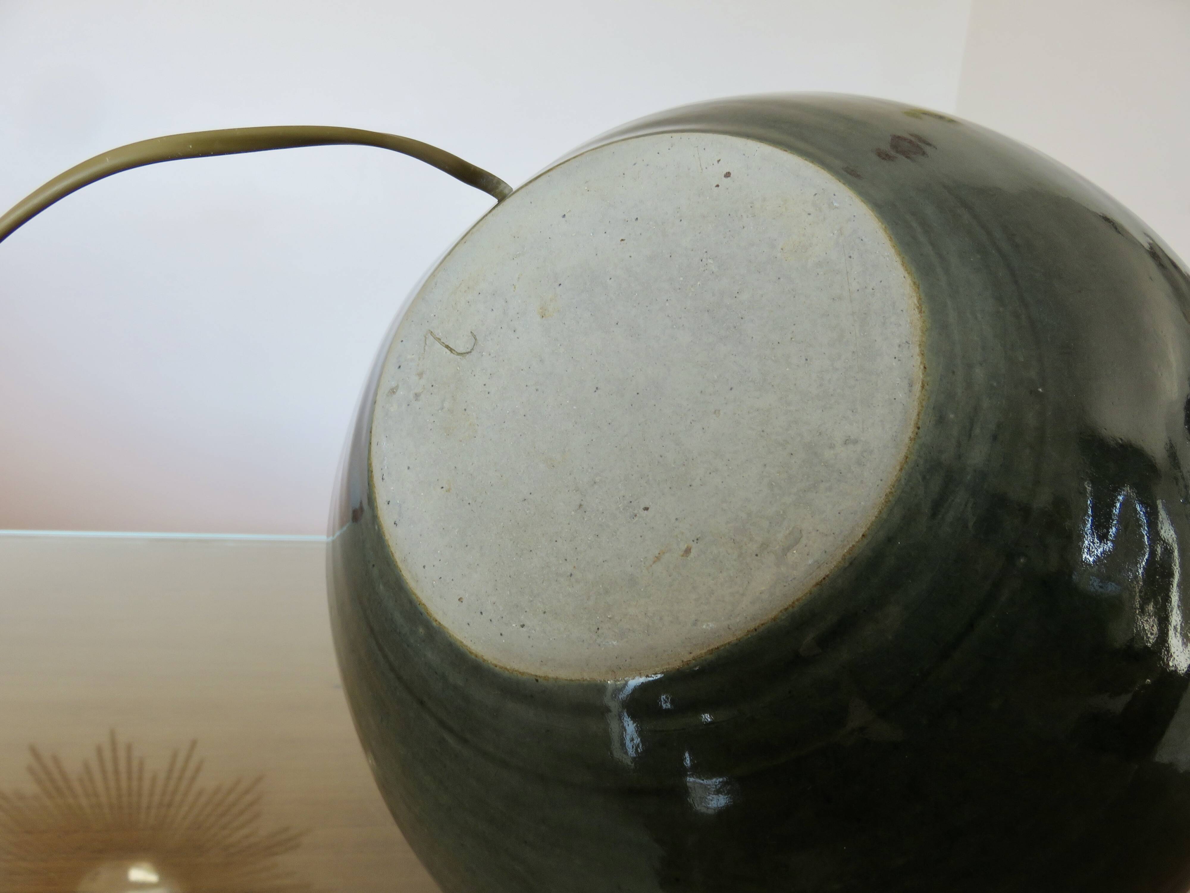 Impressive iridescent blue ceramic lamp with a gradient of green, circa 1960.