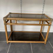 TV storage cabinet in rattan and vintage glass 1950