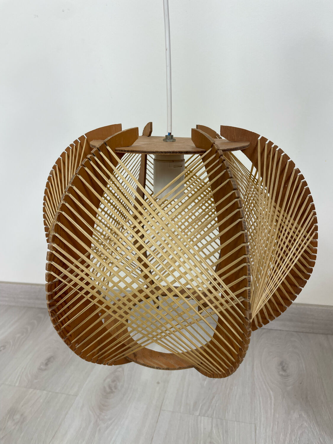 Pair of Scandinavian pendant lamps in wood and wires