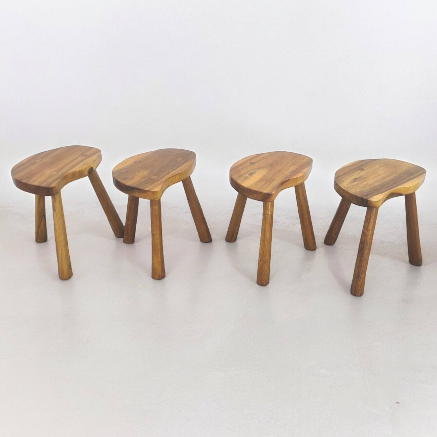 4 Vintage tripod stools, solid wood, brutalist, circa 1960