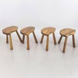 4 Vintage tripod stools, solid wood, brutalist, circa 1960