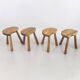4 Vintage tripod stools, solid wood, brutalist, circa 1960