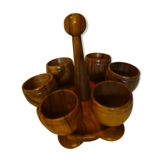 Display of 6 egg cups in vintage olive wood