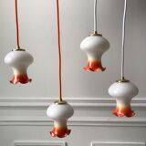 Ensemble de 4 suspensions tulipes en opaline orange dégradé fil orange et blanc années 70