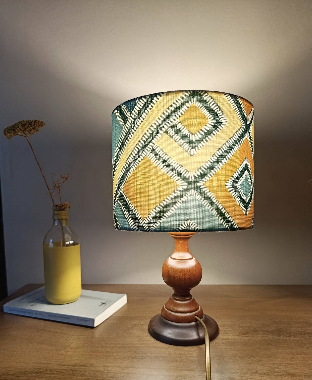 rustic chic turned wooden floor lamp, graphic linen lampshade