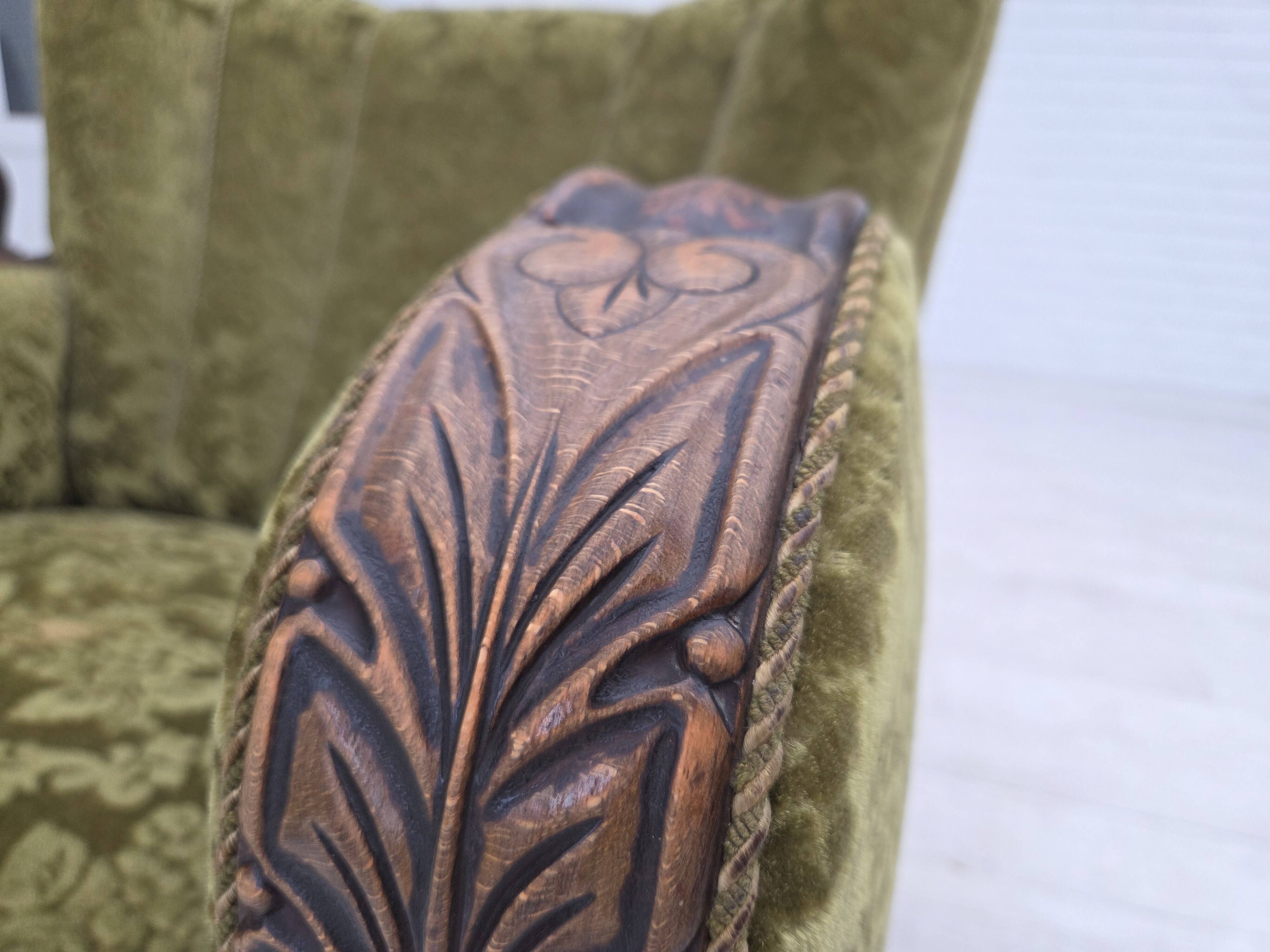 1950s, Danish relax chair, furniture velour, oak wood.