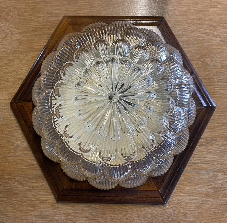 Ceiling light in molded glass and wooden surround, Massive Leuchten, Germany, vintage, 80s