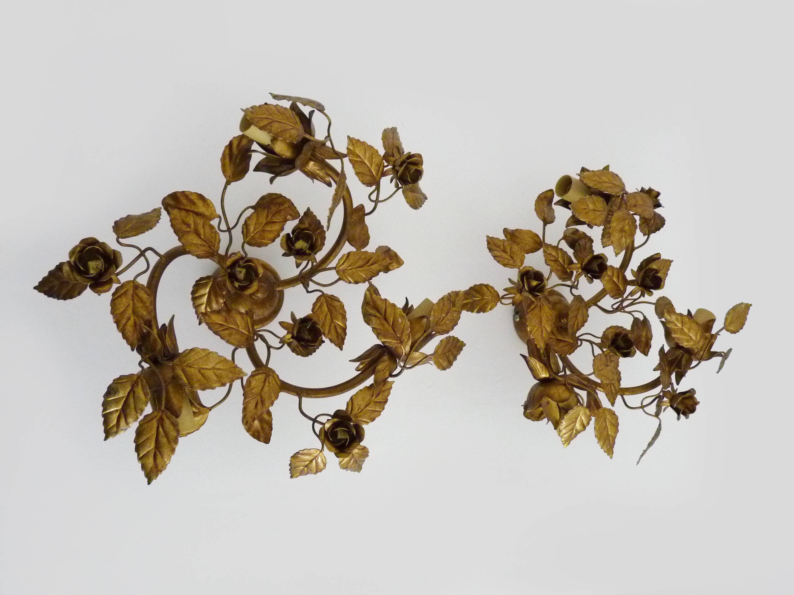 Pair of 3-light gold leaf and flower wall lights, Italy, 1970s-80s