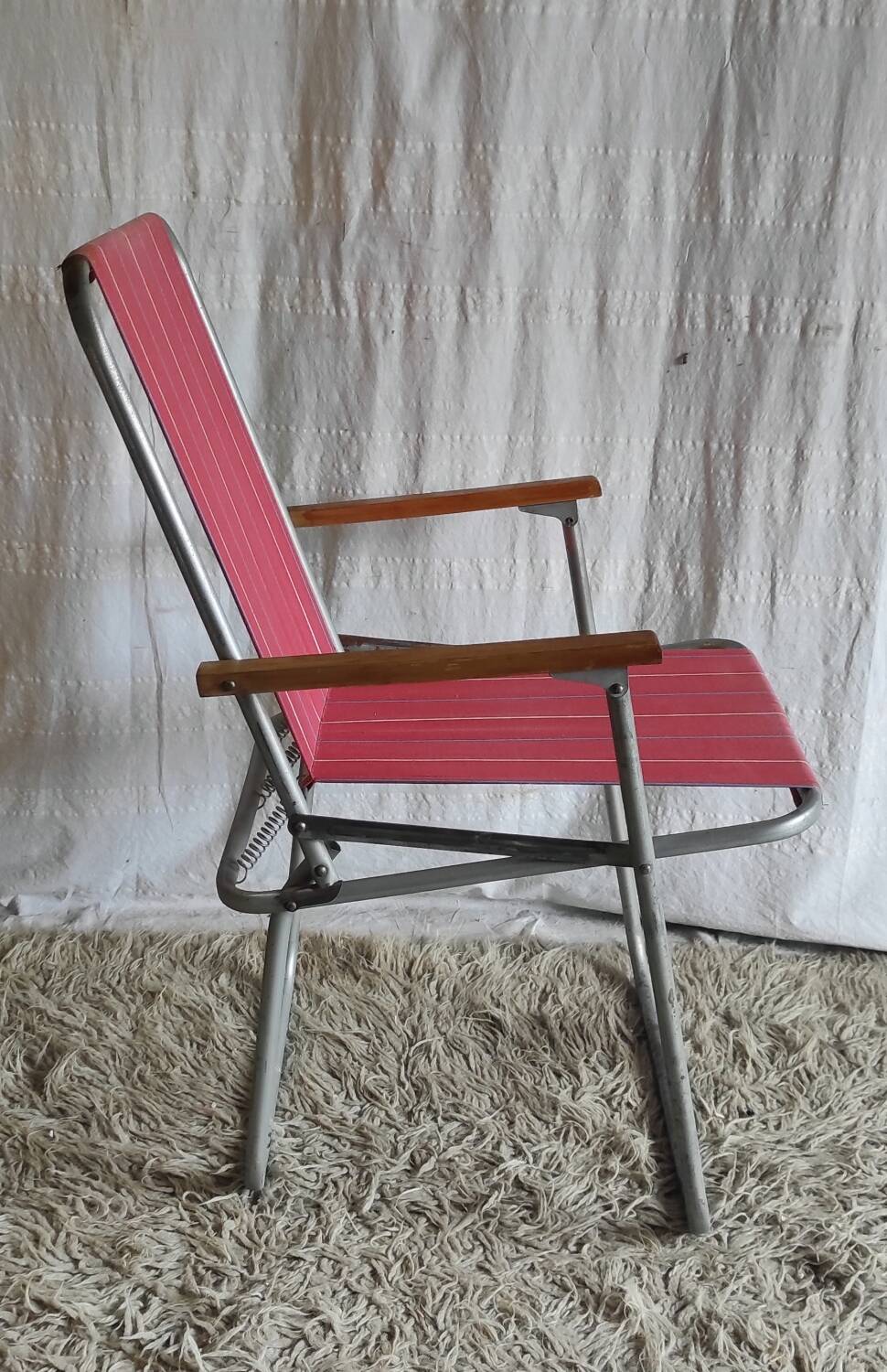 Vintage folding chair in metal and bayadère canvas - 1960s