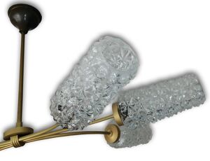 Lustre vintage 6 feux verre moulé et métal doré, années 60