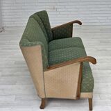Canapé danois 3 places des années 1950, tissu en laine d'ameublement vert/beige, bois de chêne.