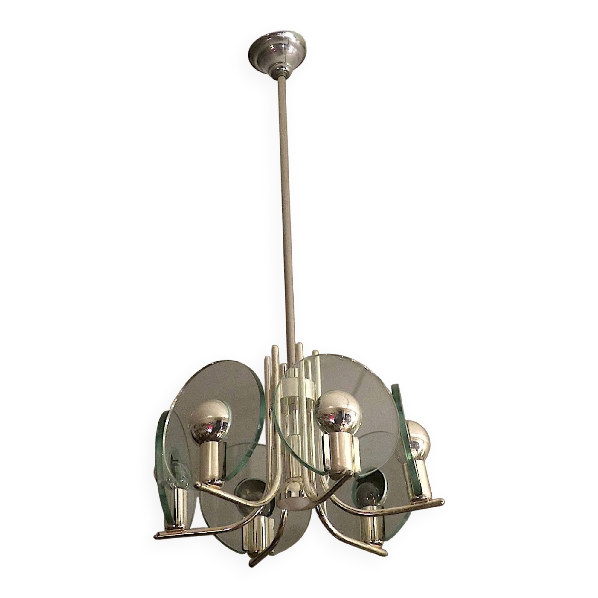 Italian silver plated chandelier with 6 crystal glass discs, 1960s