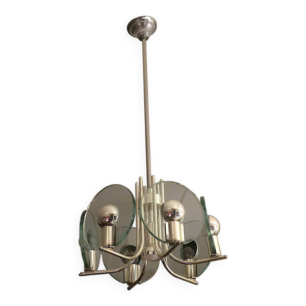 Chandelier en argent plaqué italien avec 6 disques en verre cristal, années 1960.