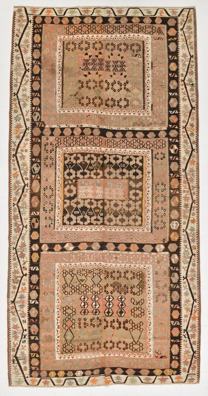 "Tapis Kilim Ancien 100% Laine – Grand Format, Pièce Rare à Motifs Ethnique