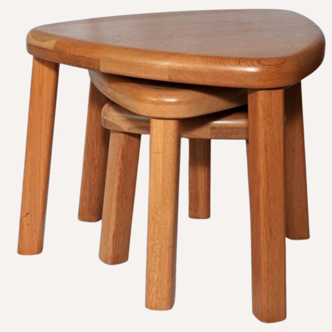 Brutalist oak organic curved oval side or nesting tables, Dutch ca 1960