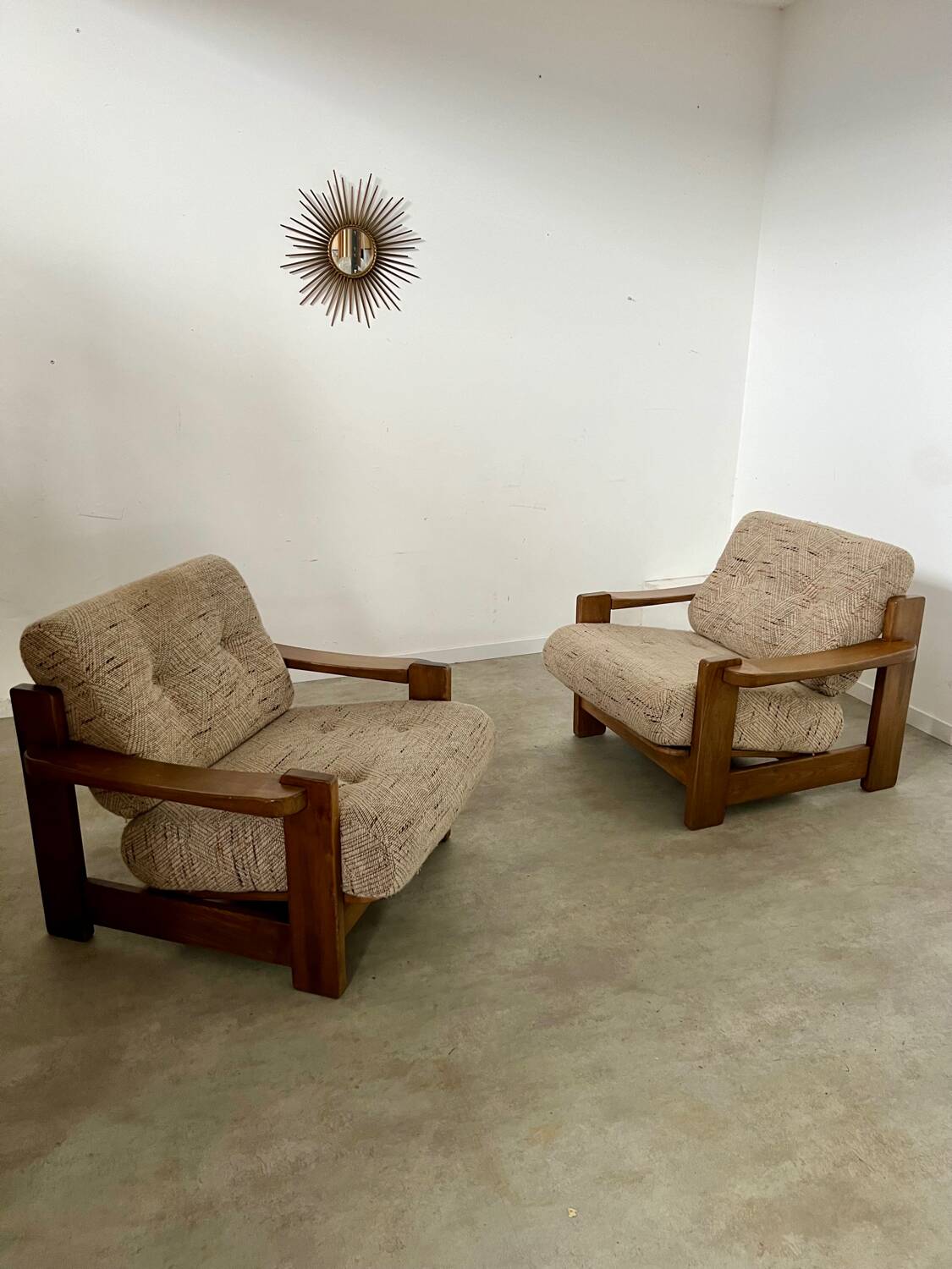 Lot of 2 solid elm armchairs, Maison Regain design, 70s vintage