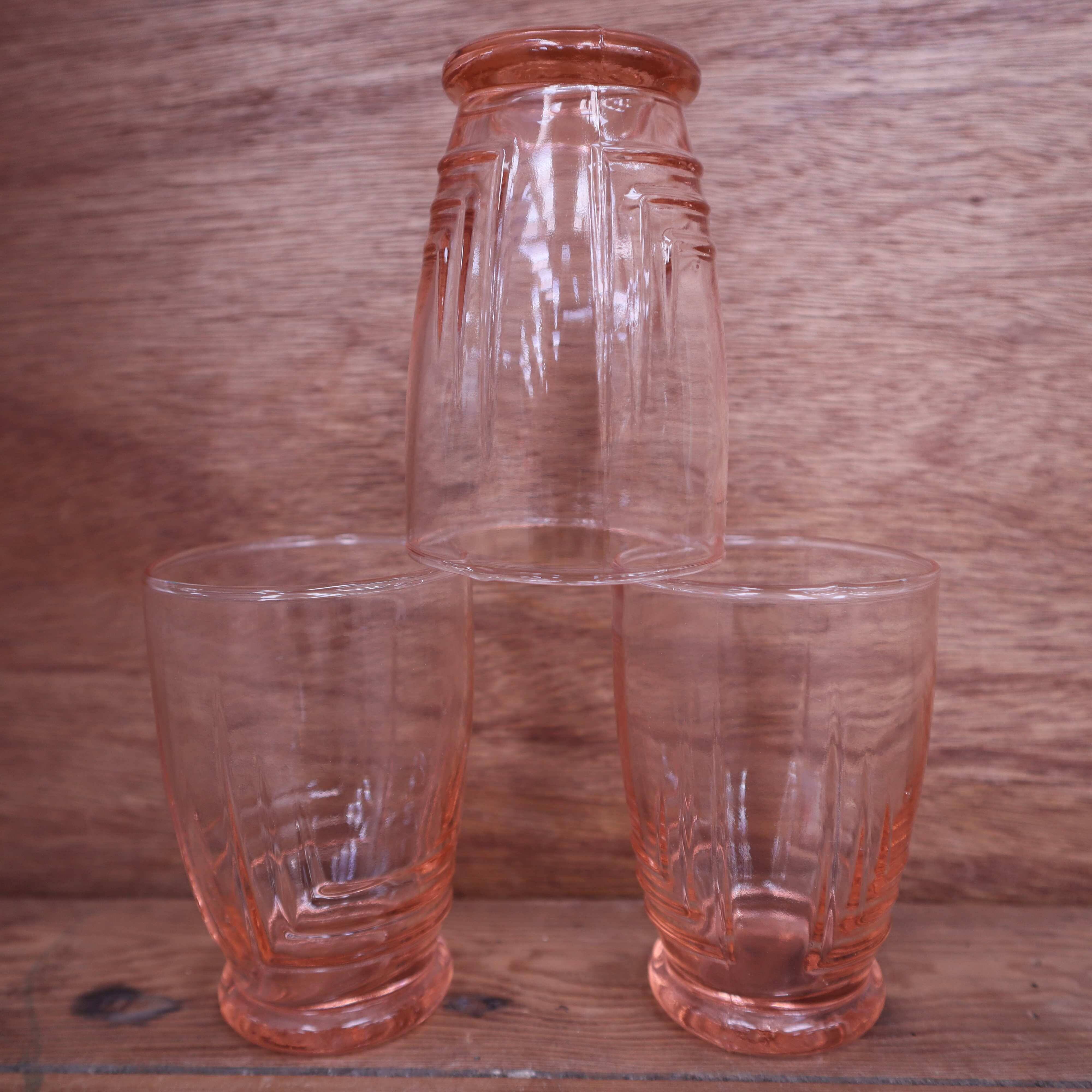 Lot of 3 old light pink water glasses from the 1950s