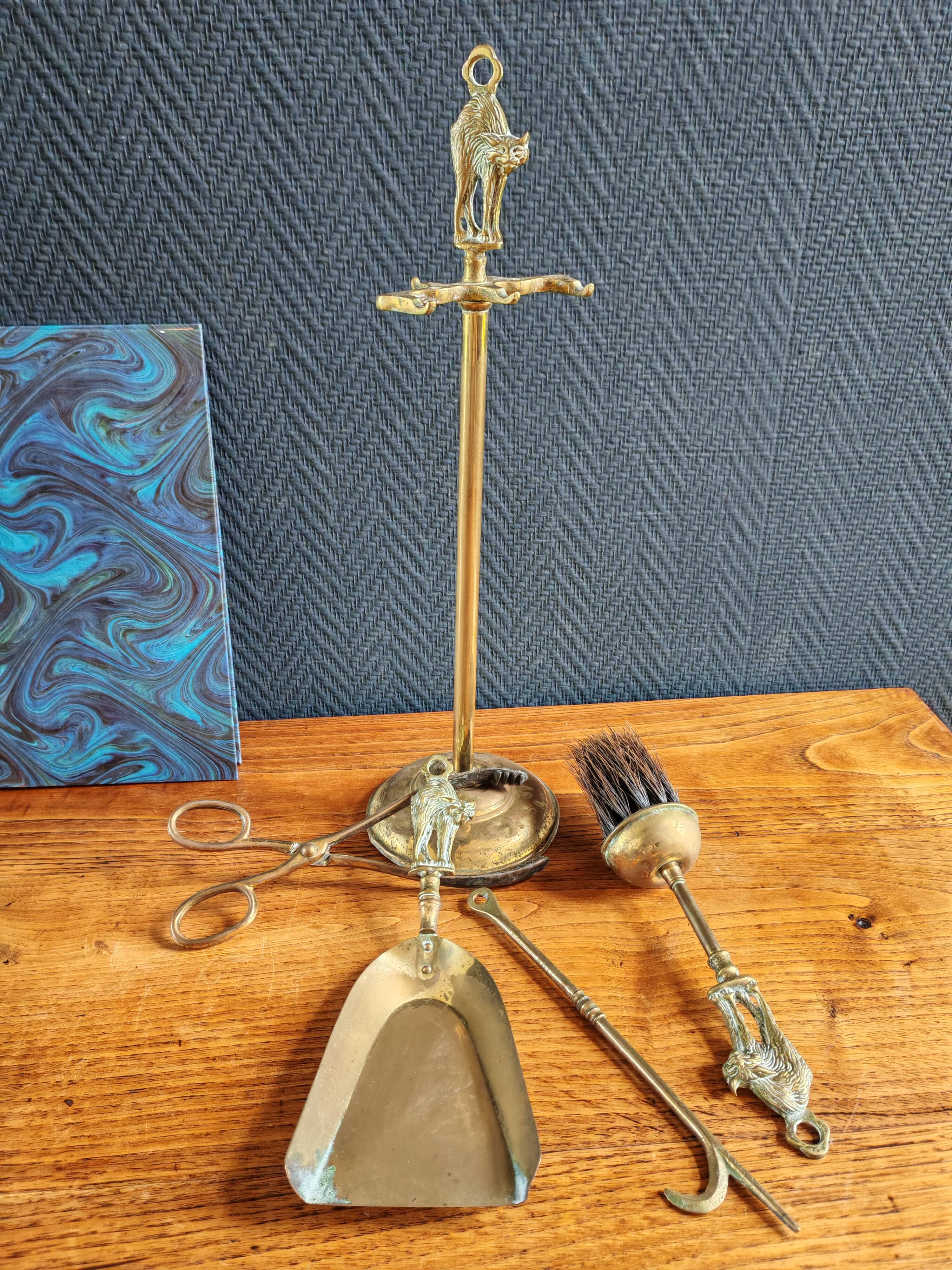 Vintage Brass Fireplace Tools Cat Decor