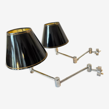 Pair of wall lights metal chrome articulated adjustable 1970 1980 lampshade golden black