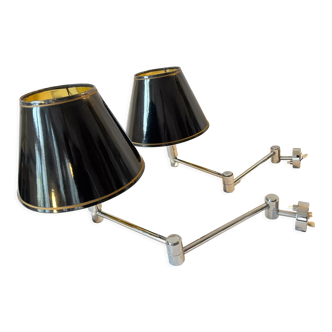 Pair of wall lights metal chrome articulated adjustable 1970 1980 lampshade golden black