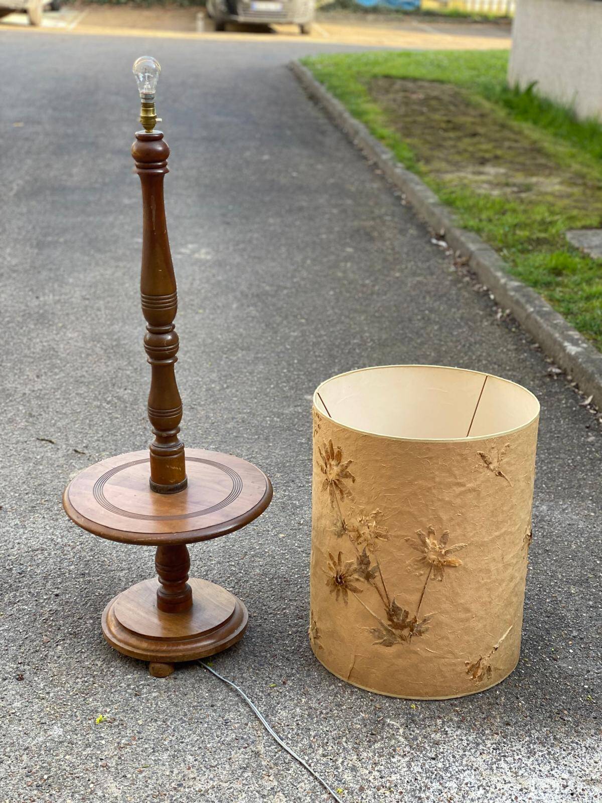 Art Deco floor lamp with wooden shelf and beige floral shade