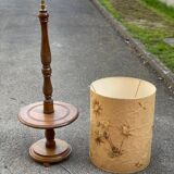 Art Deco floor lamp with wooden shelf and beige floral shade