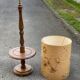 Art Deco floor lamp with wooden shelf and beige floral shade