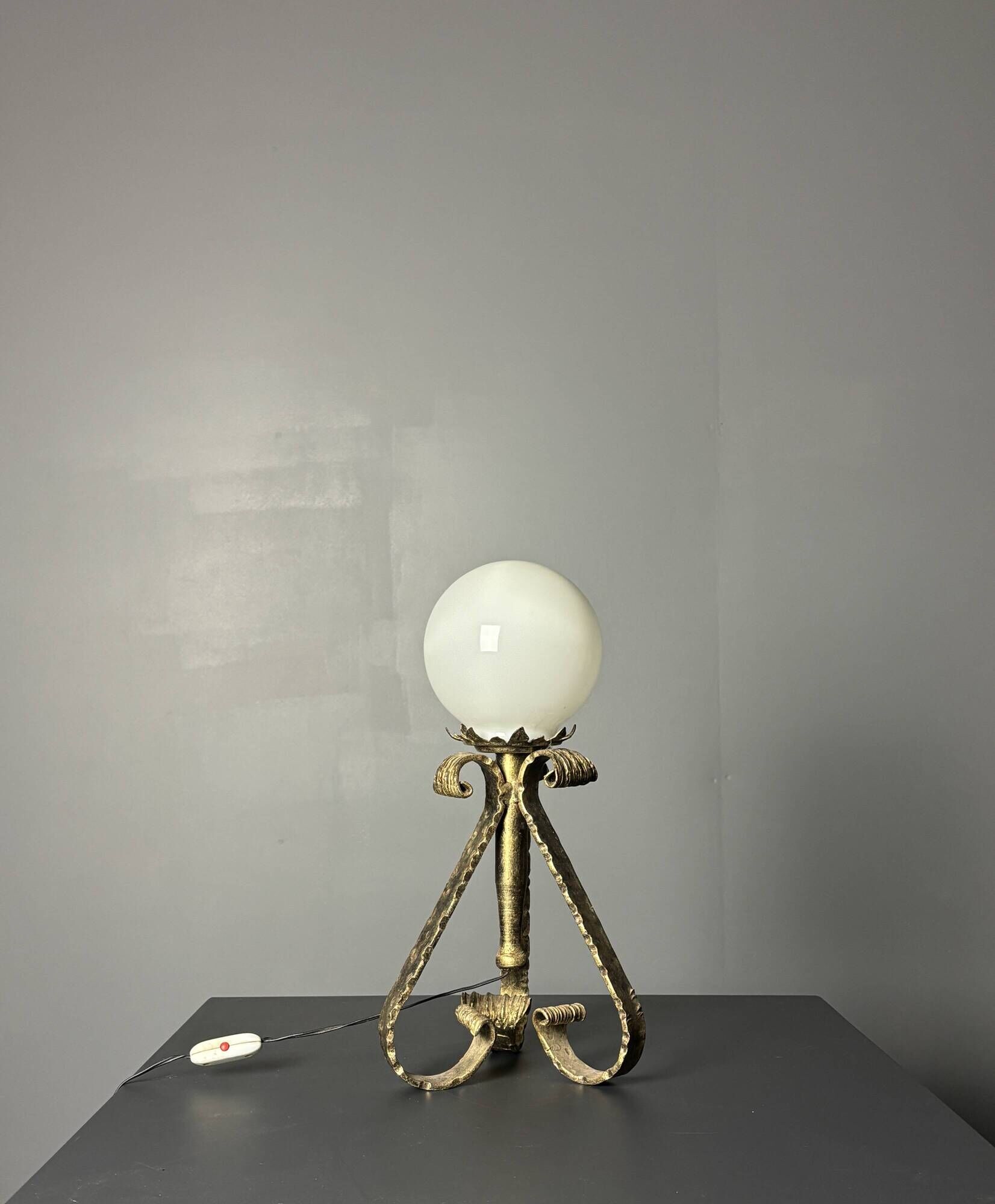 Midcentury brutalist wrought iron and opaline table lamp, Spain ca 1960s