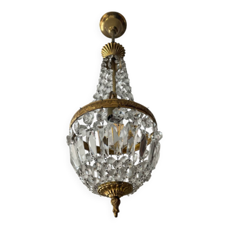 Lustre Montgolfière à pampilles de cristal et laiton