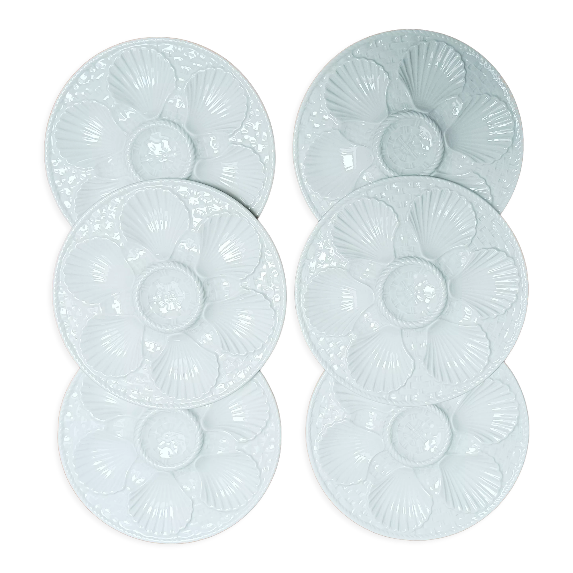 Set of 6 white oyster plates, Longchamp