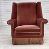 Fauteuil danois à dossier haut, années 1970, velours d'ameublement rose saumon, bois de hêtre.