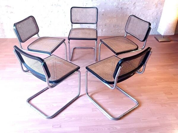 Set de 5 chaises B32 Cesca laque noire par Marcel Breuer années 80 Made in Italy