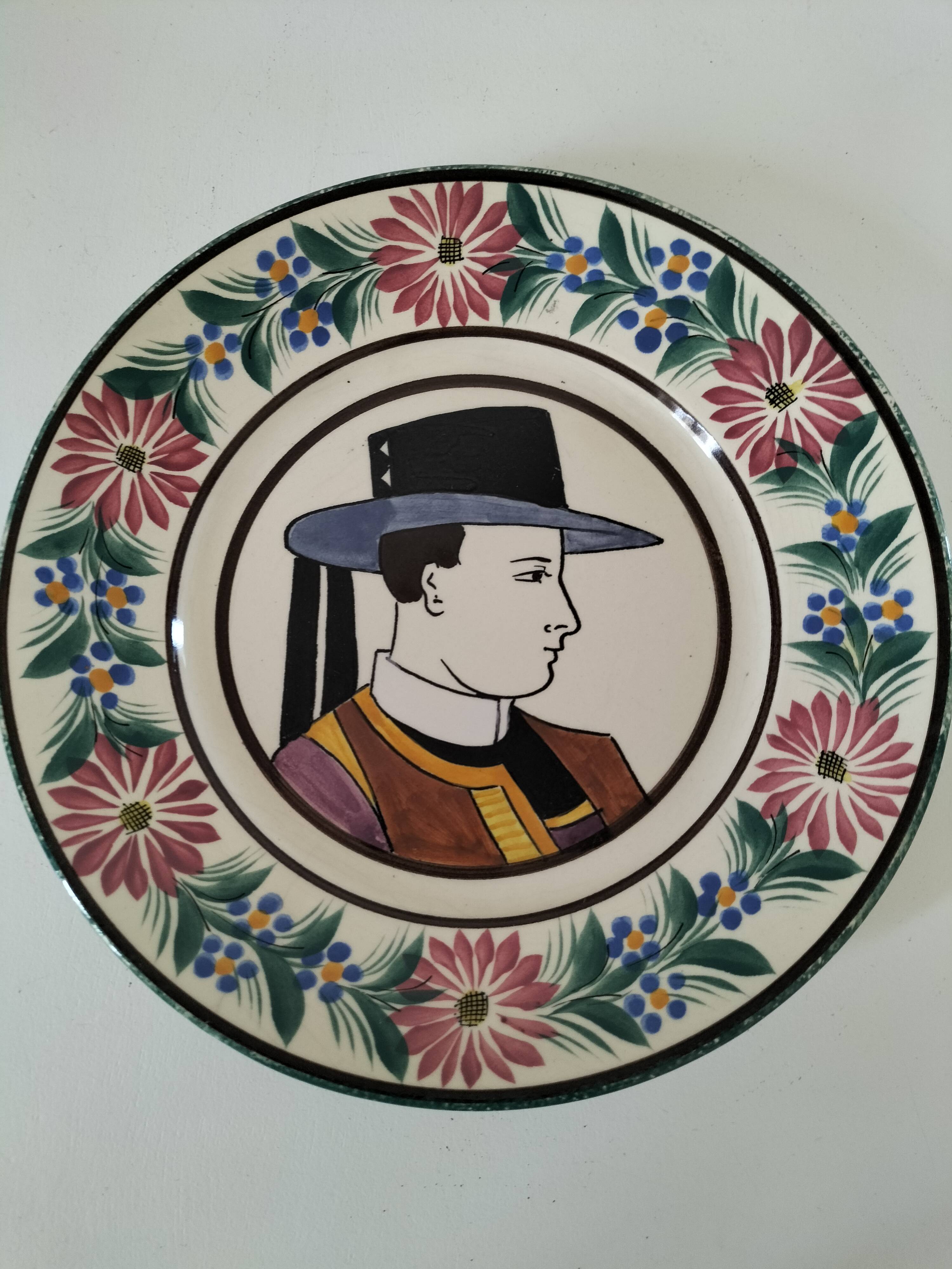 Antique HB Quimper plate – Portrait of a Breton – circa 1930