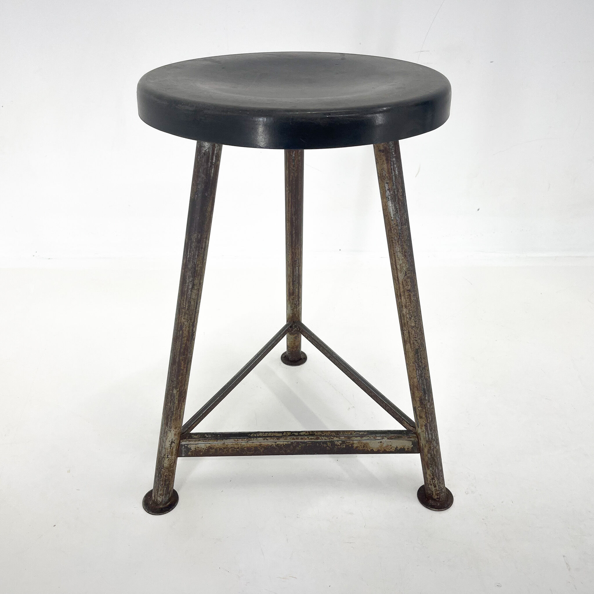 Vintage Industrial Iron Tripod Stool with Original Plastic Seat, 1950's