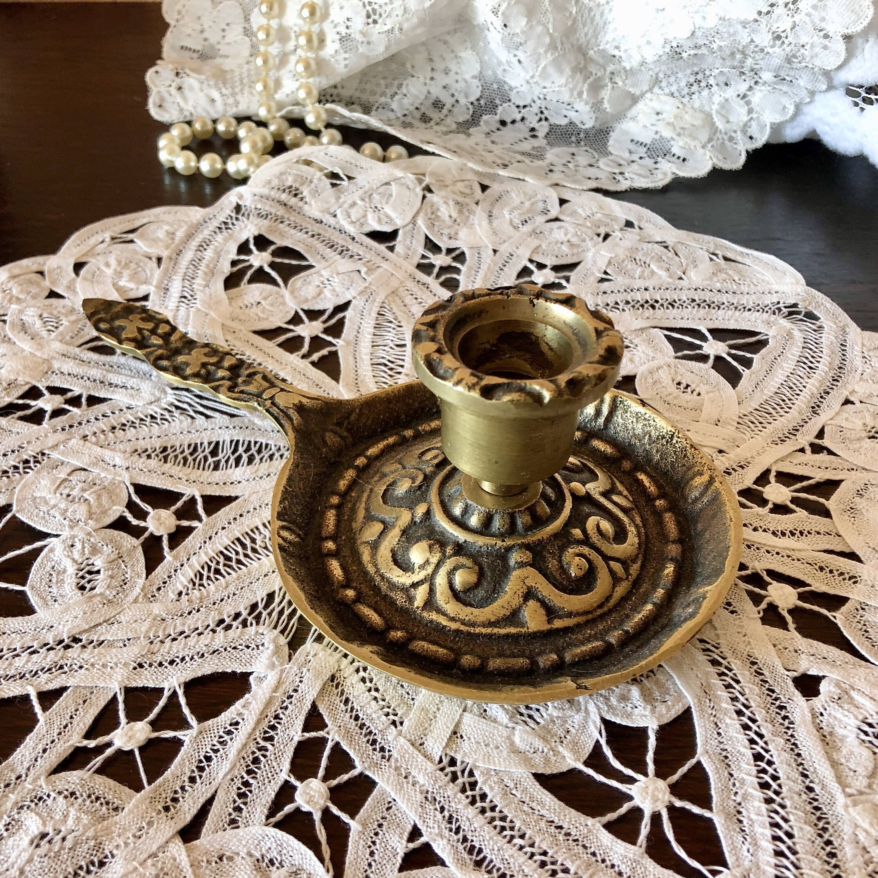 Hand candle holder medieval style solid brass twentieth century