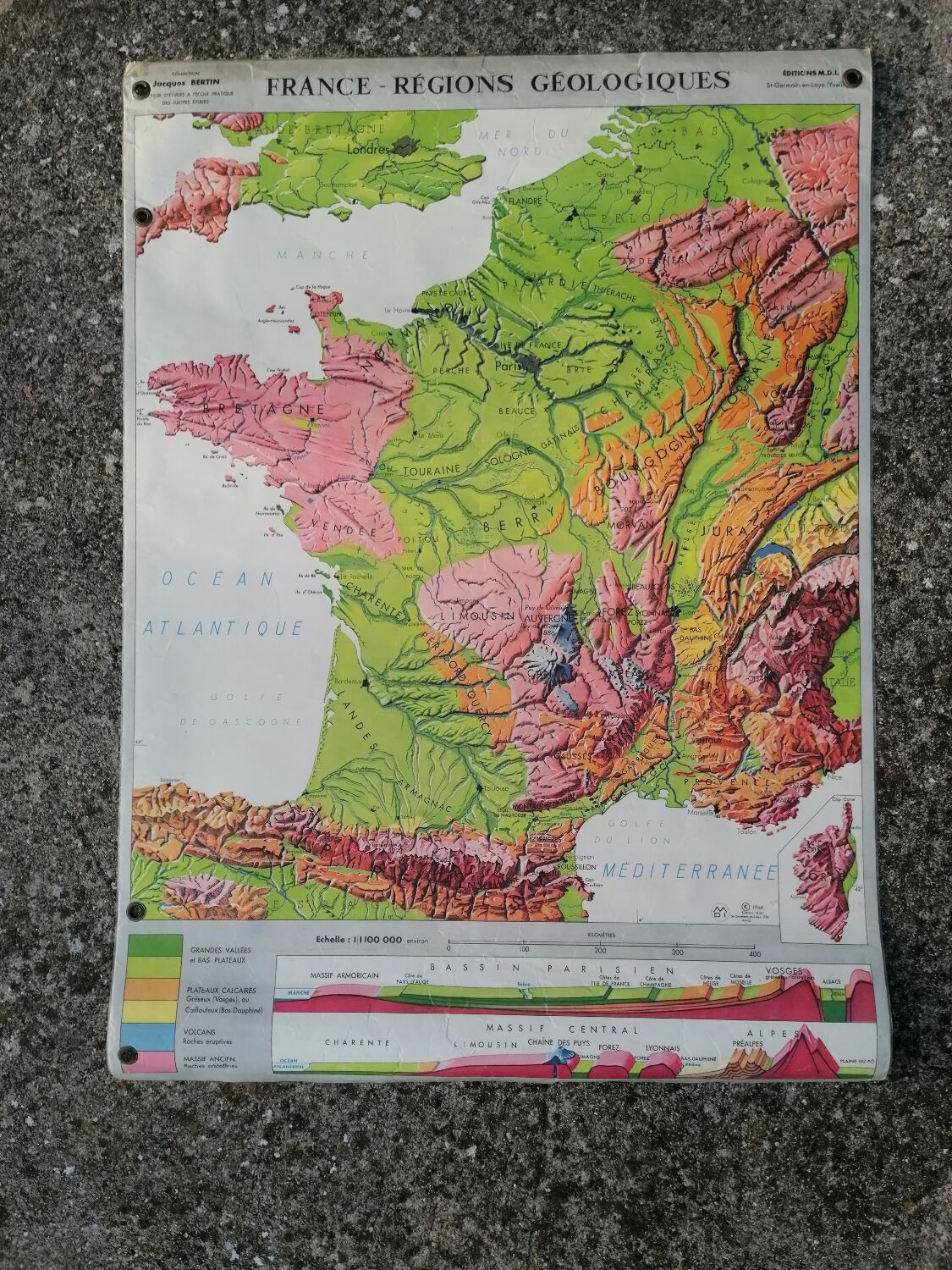 Old MDI map France geology and relief J.Bertin.