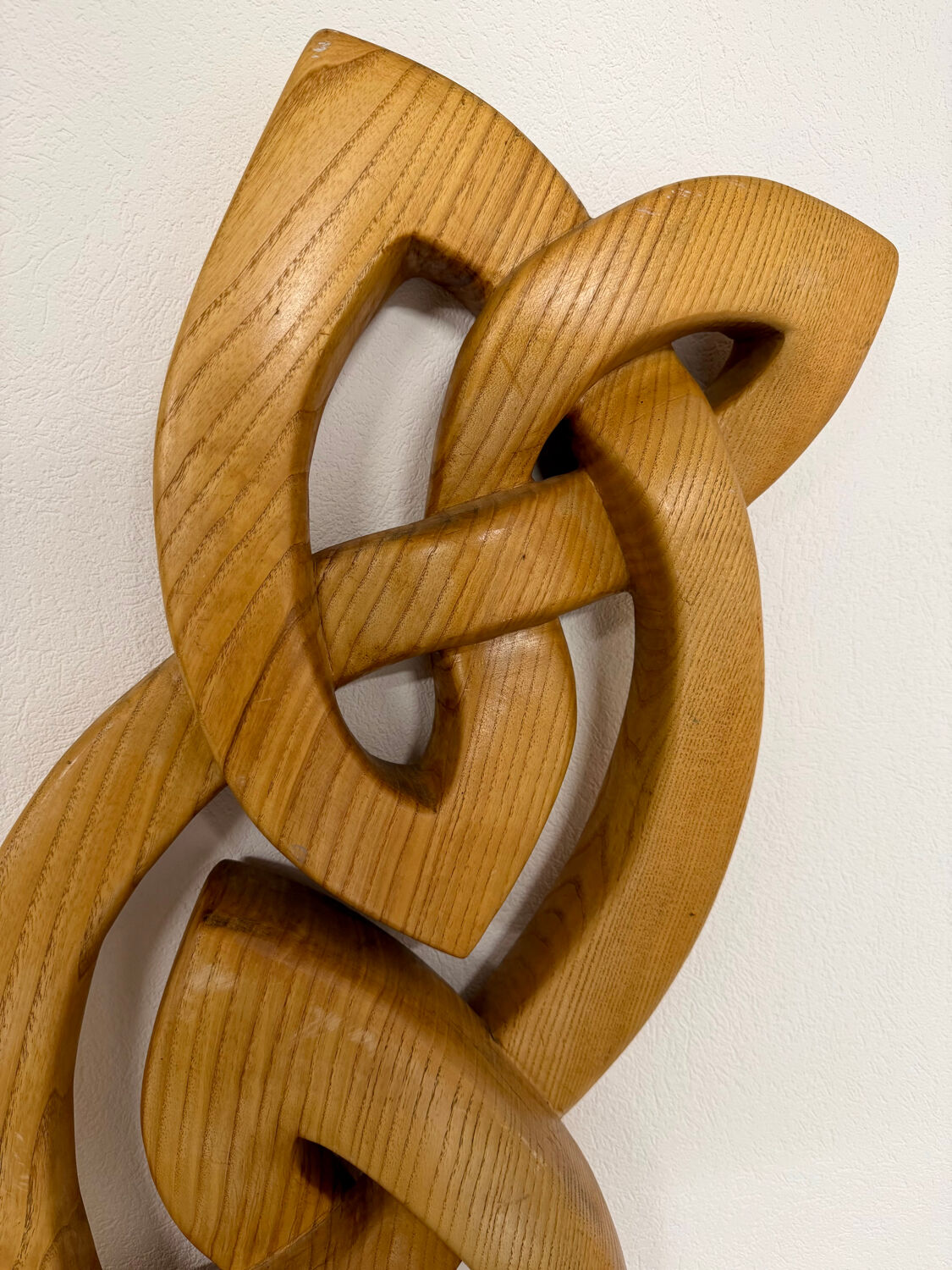 Twisted solid wood sculpture, vintage 1970s design.