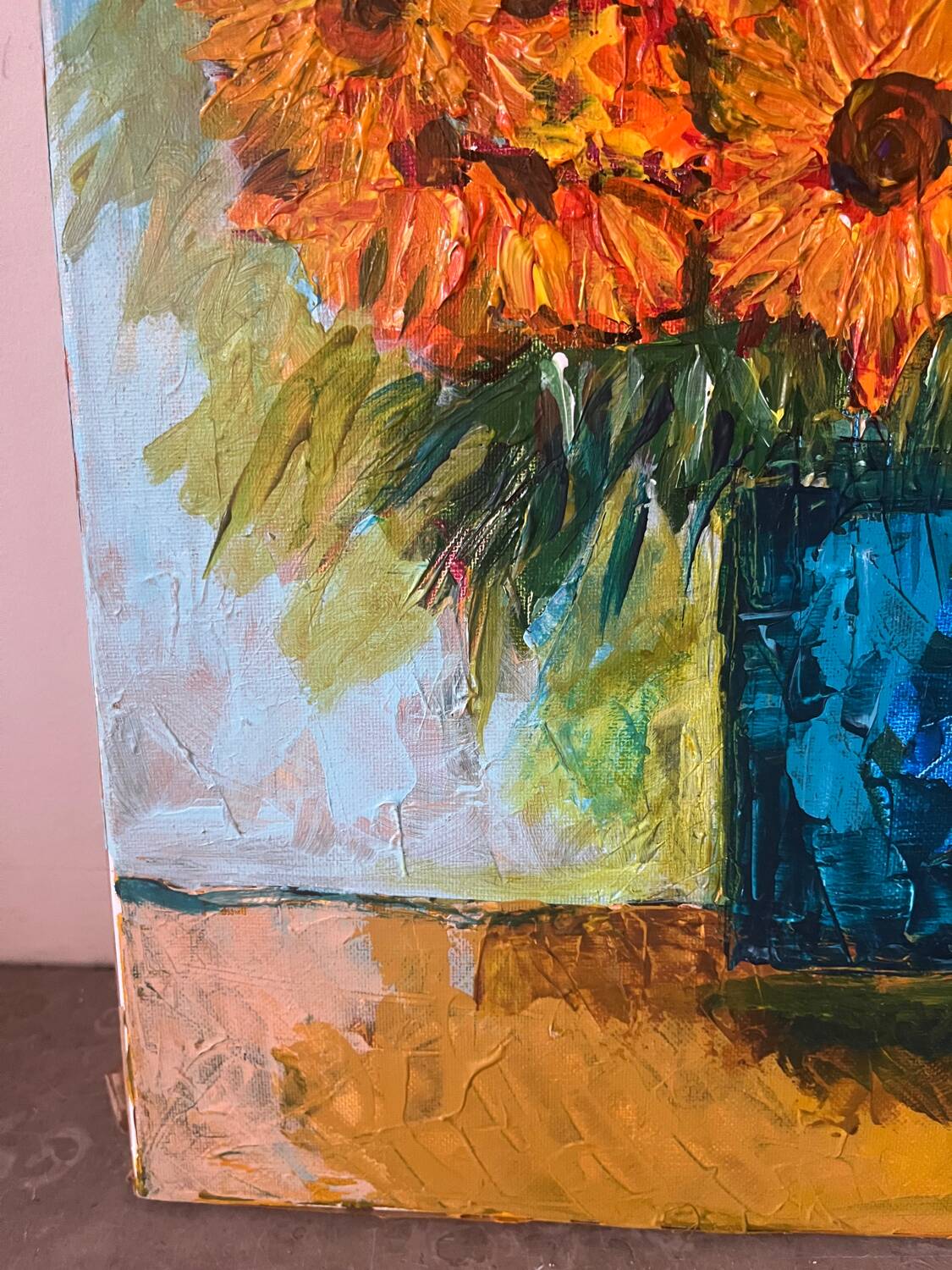 Sunflowers in a blue vase, knife technique, signed