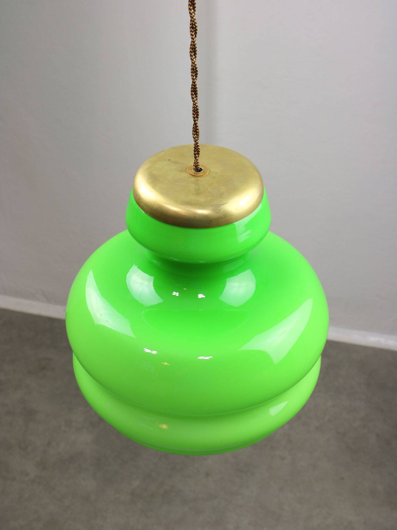 Big Green Mid-century Italian Brass and Glass Pendant Lamp