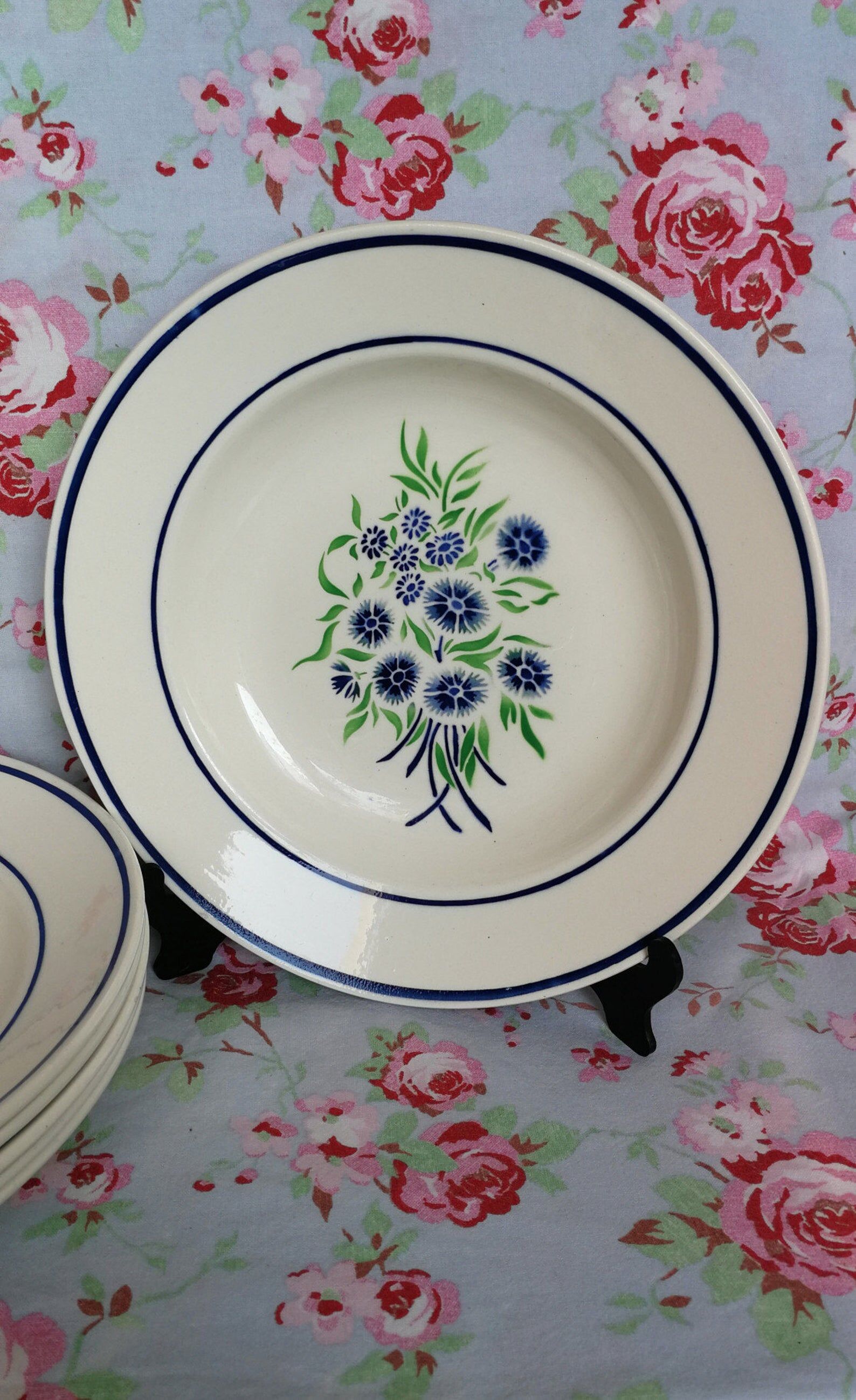 6 old Badonviller organic plates francine blue and green flowers in the stencil