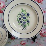6 assiettes creuses anciennes Badonviller francine fleurs bleues et vertes au pochoir