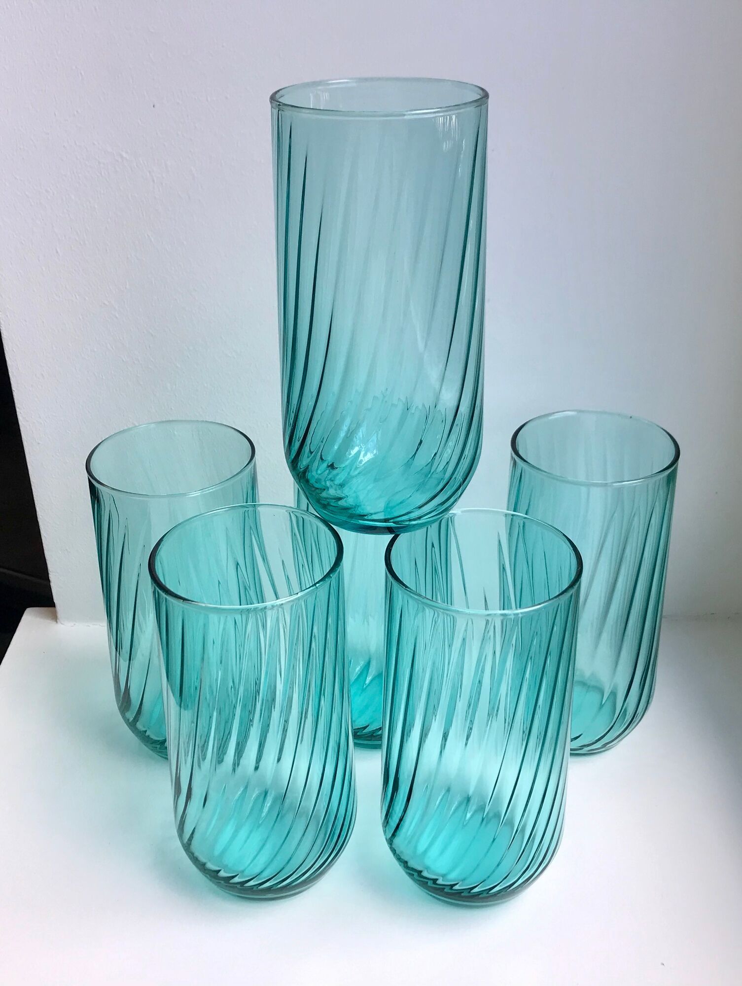 Set of 6 turquoise striped glasses 70s