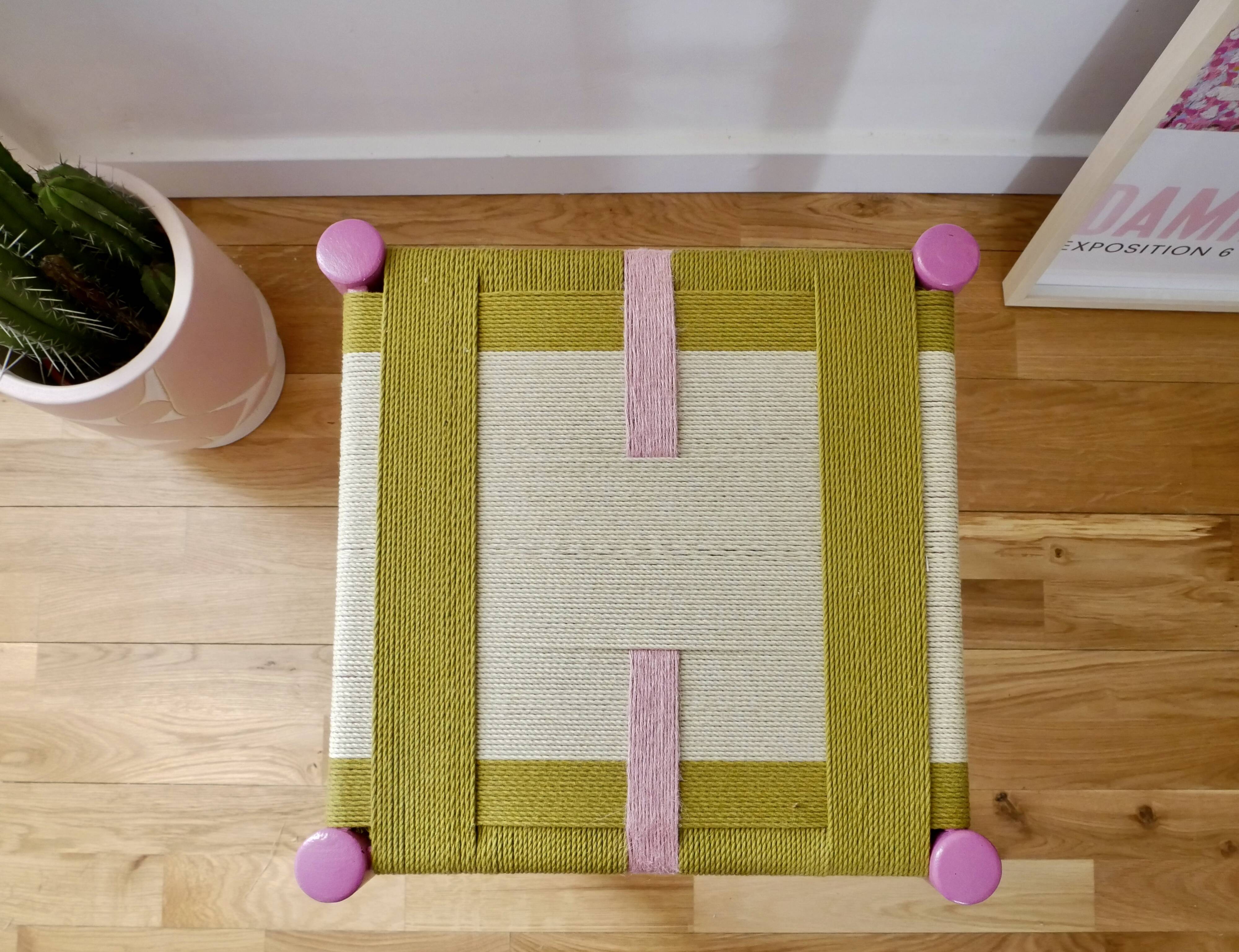 Wooden stool. Vintage stool. woven stool