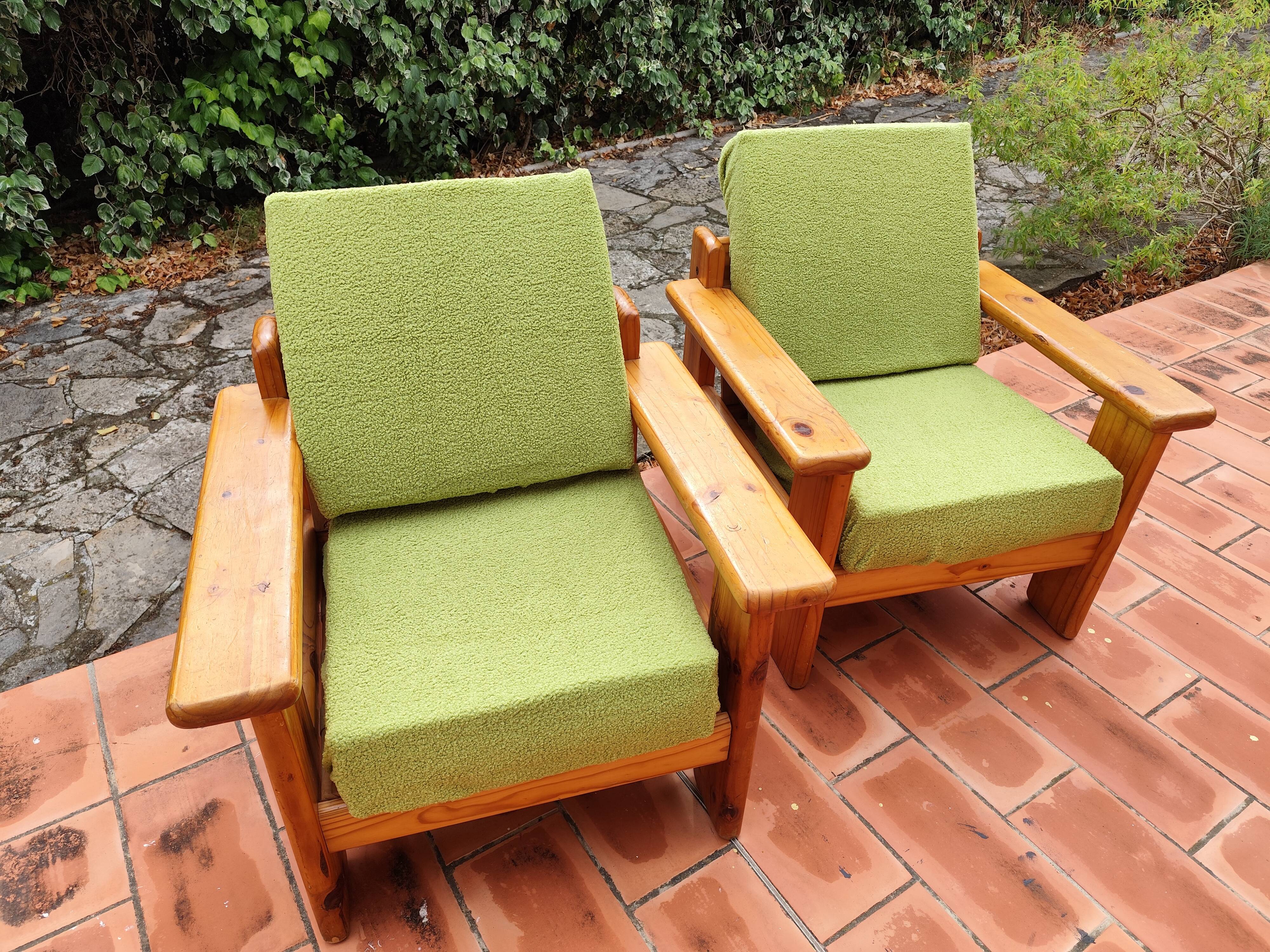 Pair of vintage brutalist armchairs in solid pine from the 80s DLG Regain