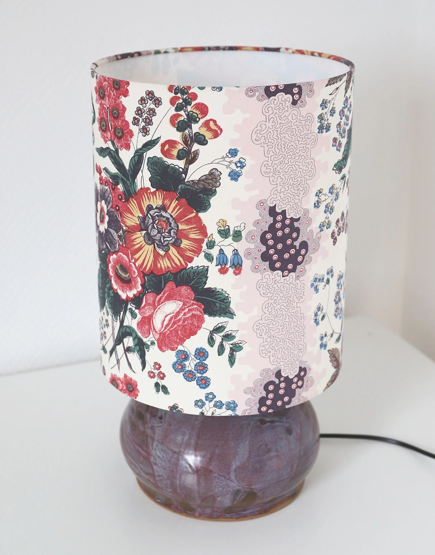 Recycled vintage lamp — handmade plum ceramic and antique floral lampshade