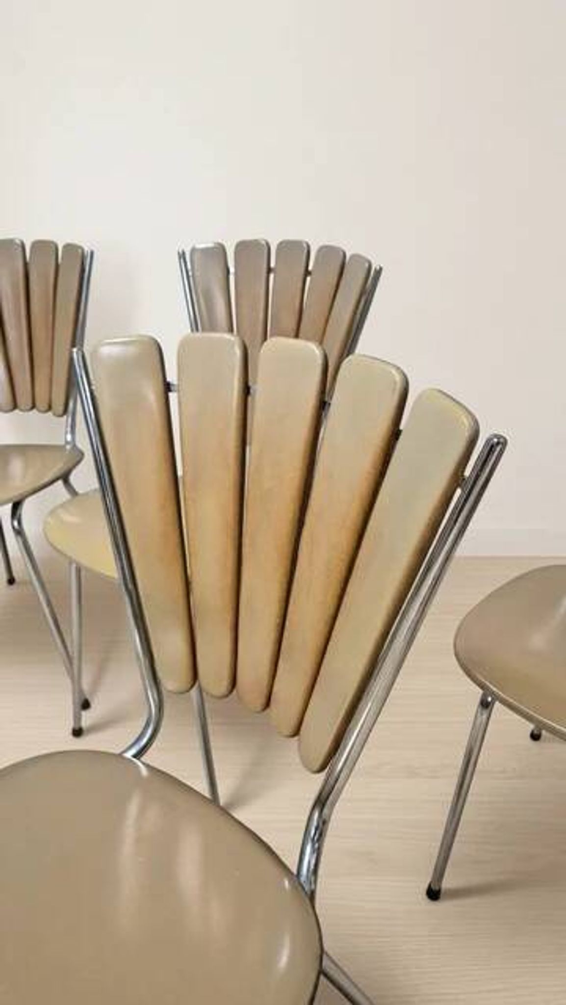 Set of 6 vintage fan-back dining chairs with beige leatherette upholstery