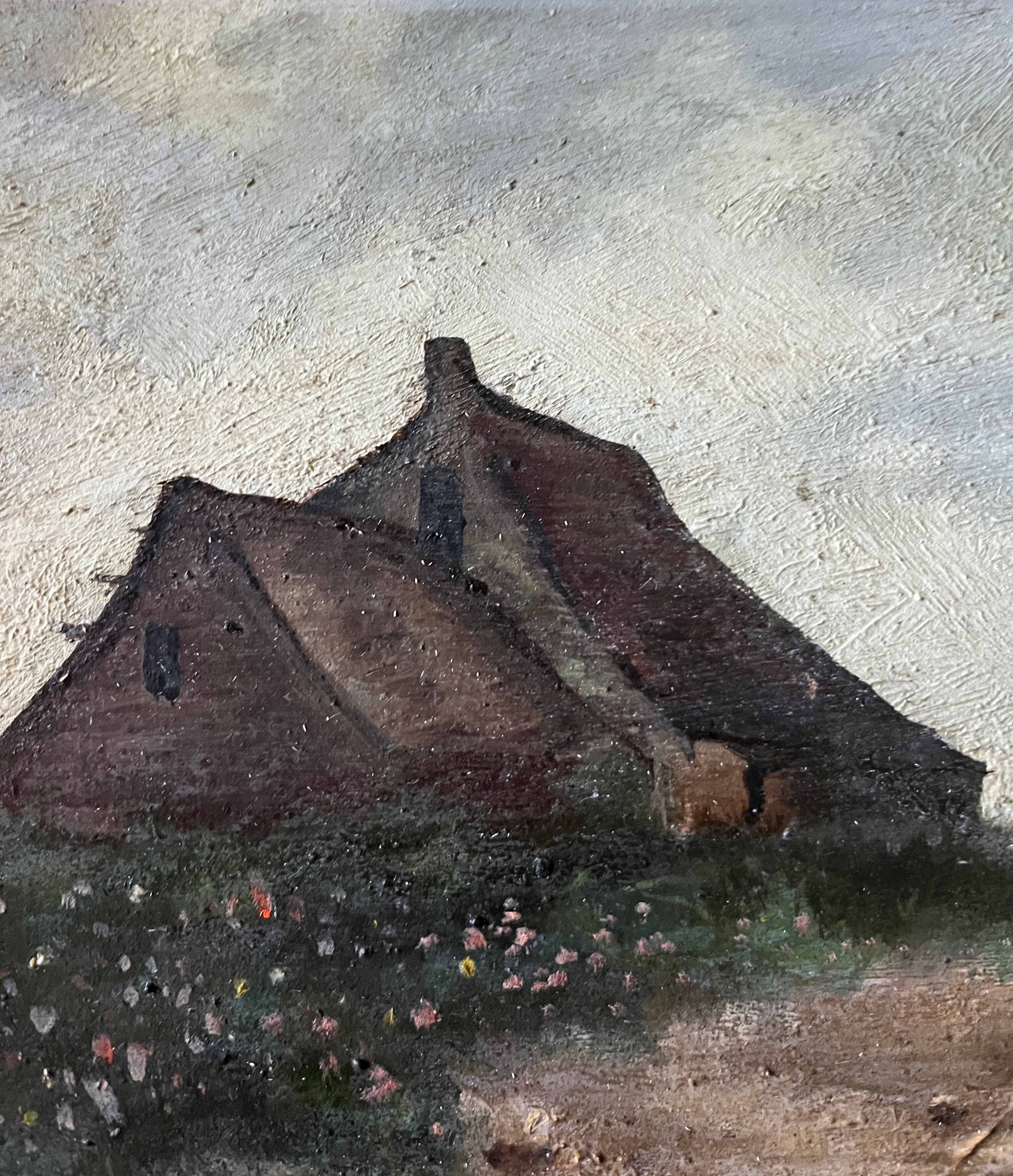 HST painting "Bord de mar" Animated seascape with thatched cottage signed Bilson XIX° + frame