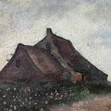 HST painting "Bord de mar" Animated seascape with thatched cottage signed Bilson XIX° + frame