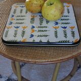 Vintage laminated wooden trivet with yellow, green, and blue flowers