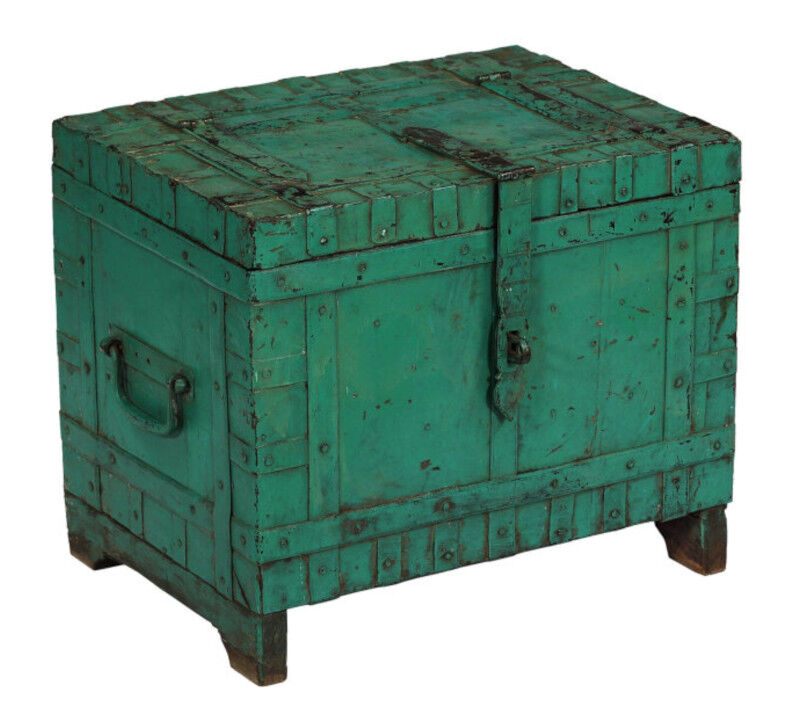 Coffre ancien vert metal et bois vieux teck piece et patine d'origine inde